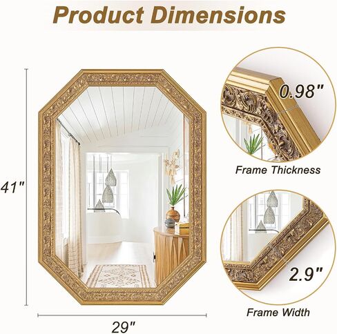 Chende Octagonal Gold Mirror for Wall Decor, 41" L x 29" W Decorative Wall Mirror with Floral Wood Frame, Horizontal/Vertical Hanging, Living Room, Bathroom, Dining Room, Entryway Decor in Saudi Arabia