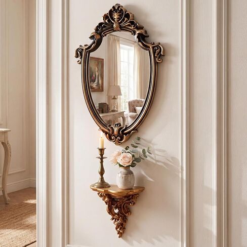 Novabright 16 X11 Inch Small Vintage Oval Wall Mirror and 6x5.7 Inch Decorative Wall Shelf, Small Wall-Mounted Mirrors Resin Frame Gold Antique Rack for Vanity Bedroom Living Room Home in Kuwait