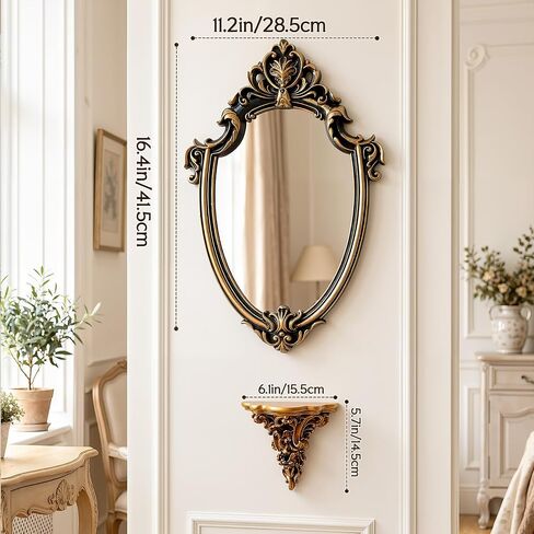 Novabright 16 X11 Inch Small Vintage Oval Wall Mirror and 6x5.7 Inch Decorative Wall Shelf, Small Wall-Mounted Mirrors Resin Frame Gold Antique Rack for Vanity Bedroom Living Room Home in Kuwait