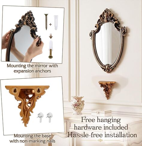 Novabright 16 X11 Inch Small Vintage Oval Wall Mirror and 6x5.7 Inch Decorative Wall Shelf, Small Wall-Mounted Mirrors Resin Frame Gold Antique Rack for Vanity Bedroom Living Room Home in Kuwait