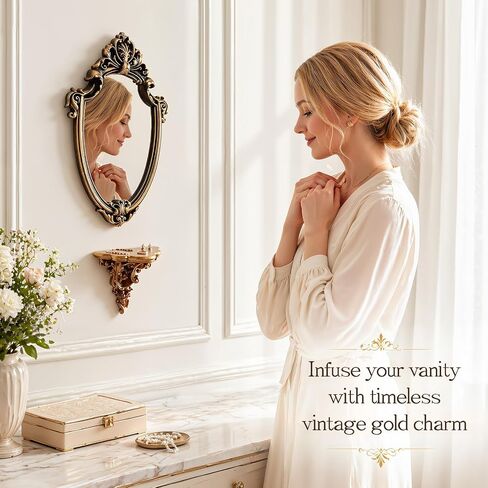 Novabright 16 X11 Inch Small Vintage Oval Wall Mirror and 6x5.7 Inch Decorative Wall Shelf, Small Wall-Mounted Mirrors Resin Frame Gold Antique Rack for Vanity Bedroom Living Room Home in Kuwait