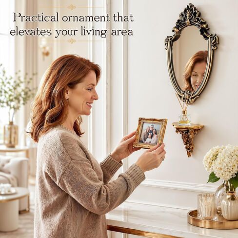 Novabright 16 X11 Inch Small Vintage Oval Wall Mirror and 6x5.7 Inch Decorative Wall Shelf, Small Wall-Mounted Mirrors Resin Frame Gold Antique Rack for Vanity Bedroom Living Room Home in Kuwait