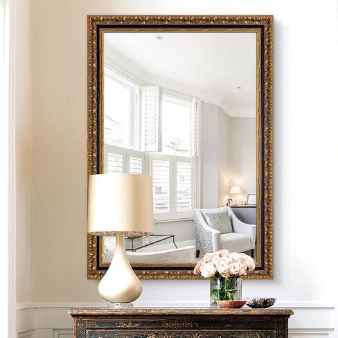 Chende Vintage Gold Mirror, 40''x28'' Large Living Room Mirror with Black Gold Wood Frame, Retro Ornate Mirrors Wall Decor for Dining Room, Entryway, Fireplace, Bathroom in Saudi Arabia