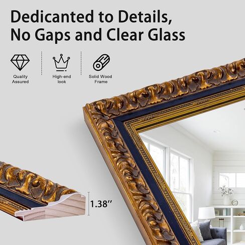 Chende Vintage Gold Mirror, 40''x28'' Large Living Room Mirror with Black Gold Wood Frame, Retro Ornate Mirrors Wall Decor for Dining Room, Entryway, Fireplace, Bathroom in Saudi Arabia