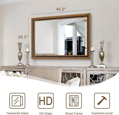 Chende Vintage Gold Mirror, 40''x28'' Large Living Room Mirror with Black Gold Wood Frame, Retro Ornate Mirrors Wall Decor for Dining Room, Entryway, Fireplace, Bathroom in Saudi Arabia
