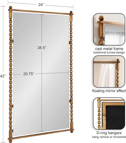 Kate and Laurel Prisha Traditional Rectangle Spindle Panel Stand Up Mirror, 24 x 42, Antique Gold, Vintage Turned Rectangular Wall Mirror for Use as Entryway or Bedroom Wall Decor in Kuwait