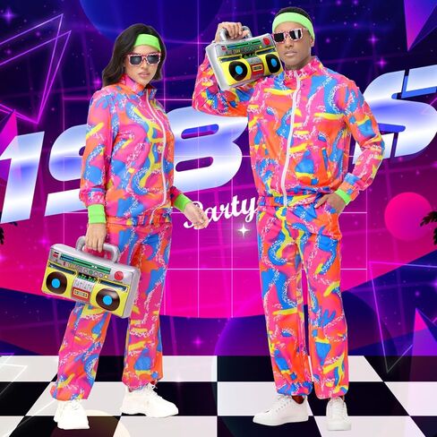 80s Men Workout Costume, Neon Retro 80s Tracksuit, Couples Costume Set (Workout - XL/Tracksuit - L) in Saudi Arabia