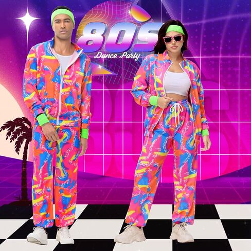 80s Men Workout Costume, Neon Retro 80s Tracksuit, Couples Costume Set (Workout - XL/Tracksuit - L) in Saudi Arabia