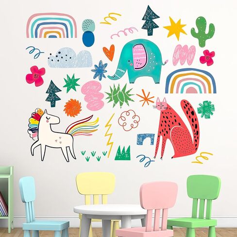 Mfault Boho Colorful Abstract Pattern Wall Decals Stickers, Rainbow Elephant Leopard Horse Nursery Decorations Kids Bedroom Art, Flower Plant Baby Toddler Girls Boys Room Playroom Decor in Kuwait