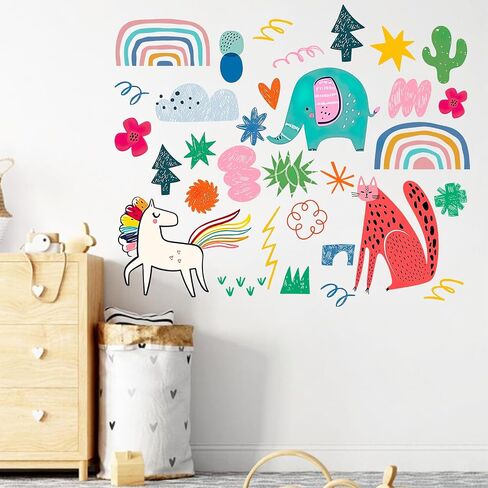 Mfault Boho Colorful Abstract Pattern Wall Decals Stickers, Rainbow Elephant Leopard Horse Nursery Decorations Kids Bedroom Art, Flower Plant Baby Toddler Girls Boys Room Playroom Decor in Kuwait