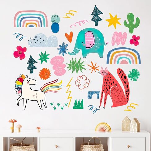 Mfault Boho Colorful Abstract Pattern Wall Decals Stickers, Rainbow Elephant Leopard Horse Nursery Decorations Kids Bedroom Art, Flower Plant Baby Toddler Girls Boys Room Playroom Decor in Kuwait