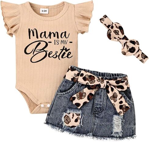 Baby Girl Clothes Newborn Romper Ruffle Sleeve Short Jeans Skirt with Headband Infant Outfits Set 0-18 Months in Saudi Arabia