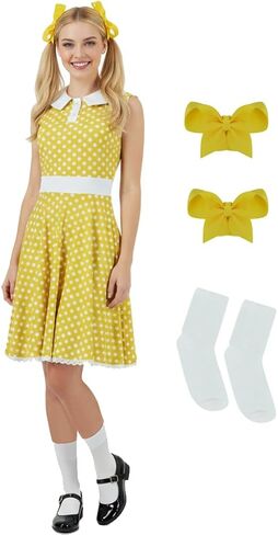 PAINEOMN Gabby Costume Women Yellow Polka Dot Dress Halloween Cartoon Cosplay Skater Skirt Bowknot Hair Clip Socks Set in Saudi Arabia