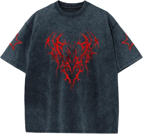 Men Graphic Tees Grunge Goth Punk Oversized Tshirts Emo Scene Gothic Shirts Y2k Streetwear Acid Wash T-Shirt in Saudi Arabia