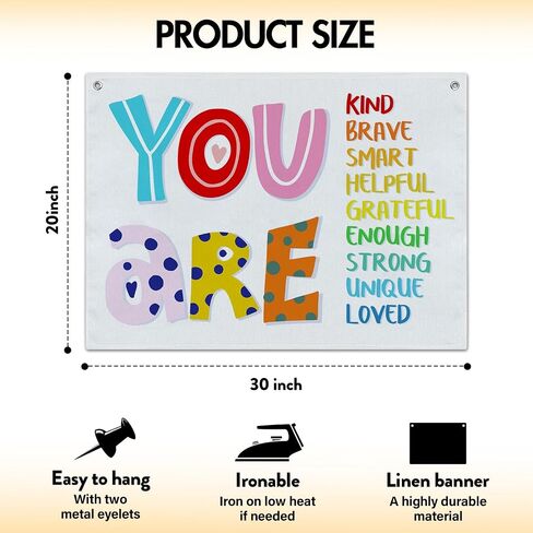 Boho Classroom Wall Decor, You Are Kind Brave Smart Motivational Canvas Banner, 20x30 inches Positive Affirmations Wall Hanging Flag Linen Tapestry Decorations for Nursery Playroom -011 in Saudi Arabia