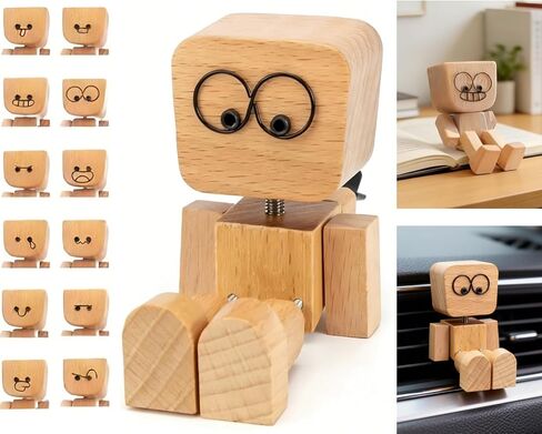 Shaking Wooden Man Figurine - 12PCS Magnetic Changeable Faces, Handmade Spring Legs Wobbly Doll for Car Dashboard & Office Desk Decor, Funny Kinetic Desktop Ornament Creative Gift in Kuwait