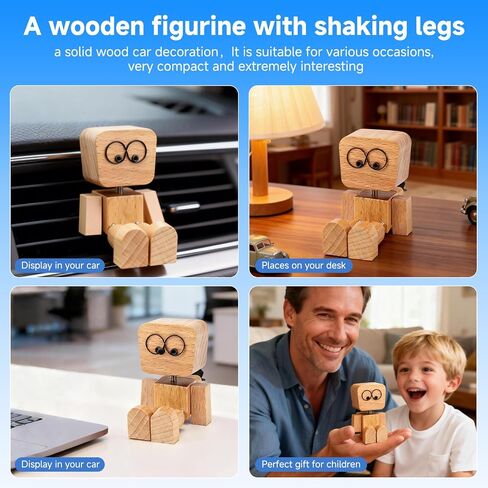 Shaking Wooden Man Figurine - 12PCS Magnetic Changeable Faces, Handmade Spring Legs Wobbly Doll for Car Dashboard & Office Desk Decor, Funny Kinetic Desktop Ornament Creative Gift in Kuwait
