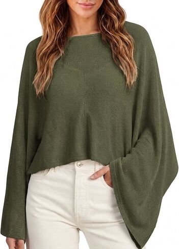 AOZAG Womens Sheer Knit Poncho Summer Oversized Shawl Lightweight Batwing Long Sleeve Pullover Shrug Sweater in Kuwait