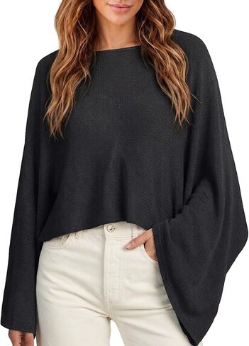 AOZAG Womens Sheer Knit Poncho Summer Oversized Shawl Lightweight Batwing Long Sleeve Pullover Shrug Sweater in Kuwait