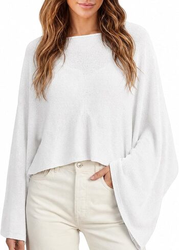 AOZAG Womens Sheer Knit Poncho Summer Oversized Shawl Lightweight Batwing Long Sleeve Pullover Shrug Sweater in Kuwait