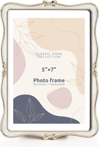 Metal Bow Picture Frame 5x7 Photo Frames with High Definition Glass Front Gift Ideas Tabletop Home Decorative, Gold & White in Saudi Arabia
