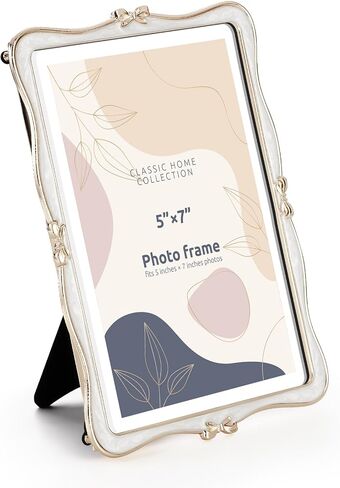 Metal Bow Picture Frame 5x7 Photo Frames with High Definition Glass Front Gift Ideas Tabletop Home Decorative, Gold & White in Saudi Arabia