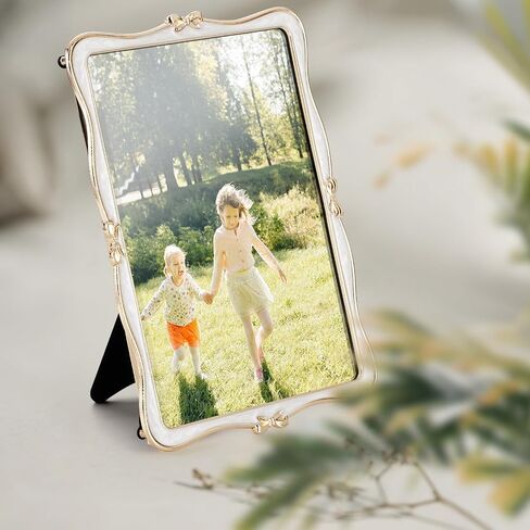 Metal Bow Picture Frame 5x7 Photo Frames with High Definition Glass Front Gift Ideas Tabletop Home Decorative, Gold & White in Saudi Arabia