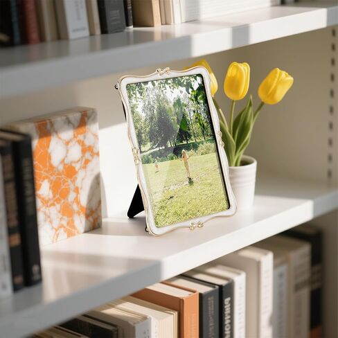 Metal Bow Picture Frame 5x7 Photo Frames with High Definition Glass Front Gift Ideas Tabletop Home Decorative, Gold & White in Saudi Arabia