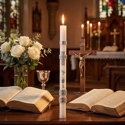 MTLEE Catholic Baptism Candle 9.84 Inch Pillar Candle for Baptism First Communion Confirmation Church Ceremony Velas De Bautizo with Raised Pattern, Cross Holy Spirit Dove Design in Kuwait