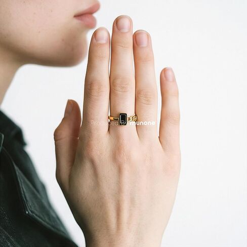 3mm Black Tourmaline Ring for Women Men,14K Gold Plated Titanium Rectangle Non Tarnish Dainty Ring in Saudi Arabia
