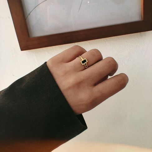 3mm Black Tourmaline Ring for Women Men,14K Gold Plated Titanium Rectangle Non Tarnish Dainty Ring in Saudi Arabia