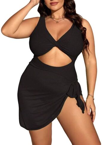 Plus Size V Neck Ruched One Piece Swimsuit with Wrap Skirt 2 Piece Set Tummy Control Bathing Suit in Saudi Arabia