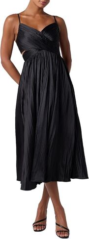 Lulus Margot Gathered Pleated Satin Midi Dress for Women V Neck Side Cutout Cocktail Wedding Guest Dress in Saudi Arabia