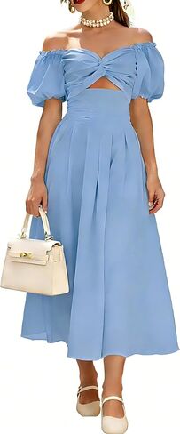 Women's Summer Puff Sleeve Midi Dress Cut Out A Line Smocked Flowy Dresses Beach Vacation Long Dresses with Pockets in Saudi Arabia