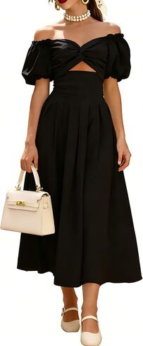 Women's Summer Puff Sleeve Midi Dress Cut Out A Line Smocked Flowy Dresses Beach Vacation Long Dresses with Pockets in Saudi Arabia