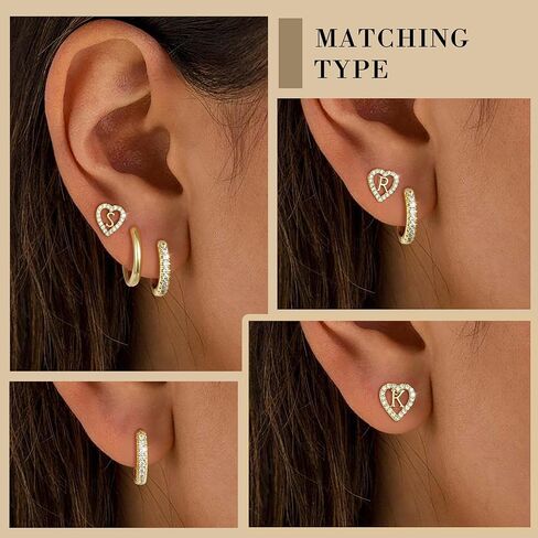 Ritach Gold Initial Earrings for Women 3 Pairs Gold Huggie Hoop Earrings Set for Multiple Piercing Hypoallergenic CZ Stud Earrings in Saudi Arabia