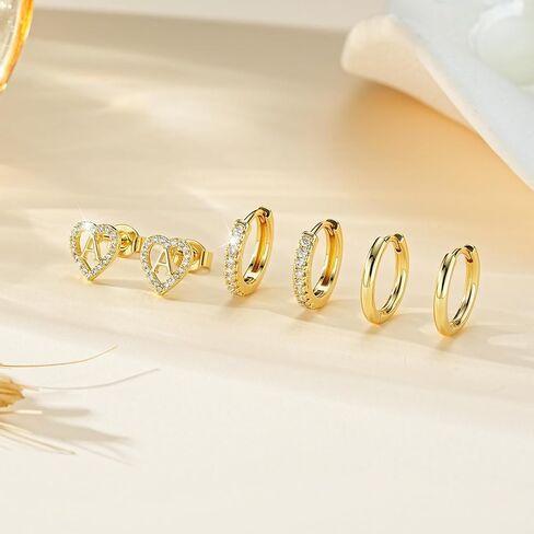 Ritach Gold Initial Earrings for Women 3 Pairs Gold Huggie Hoop Earrings Set for Multiple Piercing Hypoallergenic CZ Stud Earrings in Saudi Arabia
