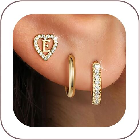 Ritach Gold Initial Earrings for Women 3 Pairs Gold Huggie Hoop Earrings Set for Multiple Piercing Hypoallergenic CZ Stud Earrings in Saudi Arabia