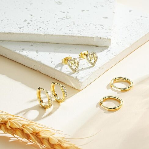 Ritach Gold Initial Earrings for Women 3 Pairs Gold Huggie Hoop Earrings Set for Multiple Piercing Hypoallergenic CZ Stud Earrings in Saudi Arabia
