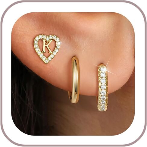 Ritach Gold Initial Earrings for Women 3 Pairs Gold Huggie Hoop Earrings Set for Multiple Piercing Hypoallergenic CZ Stud Earrings in Saudi Arabia