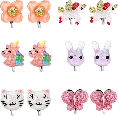 6Pairs Butterfly Clip On Earrings for Little Girls, Toddler Children Unicorn Jewelry Rabbit Cat Earrings Kids Dress Up Jewelry-A1 in Saudi Arabia