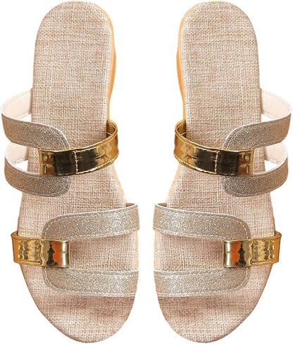 GORGLITTER Women's Metallic Flats Sandals Dressy Cute Sparkly Glitter Strappy Open Square Toe Slide Sandal in Kuwait