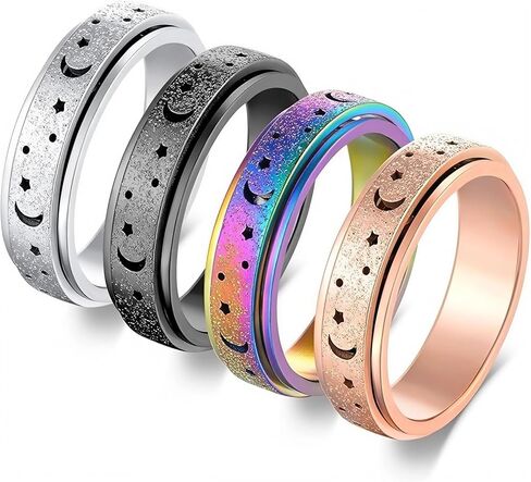 6mm Moon Stars Anxiety Fidget Spinner Rings for Women Men - 4pcs Quiet Stainless Steel Stress Relief Worry Ring Set (Black/Silver/Rose Gold/Rainbow) Sizes6-10 in Saudi Arabia
