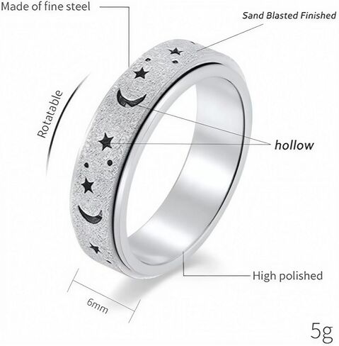 6mm Moon Stars Anxiety Fidget Spinner Rings for Women Men - 4pcs Quiet Stainless Steel Stress Relief Worry Ring Set (Black/Silver/Rose Gold/Rainbow) Sizes6-10 in Saudi Arabia