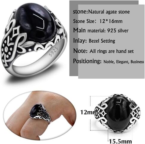 Gothic Agate Emblem Ring | Natural Agate, 925 Silver Carved Design, Timeless Noble Style in Kuwait