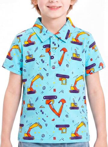 Boys Cotton Polo Shirt Moisture Wicking Short Sleeve, Button Closure, Size 2T 3T 4T 5T 6T 7T 8T 10-12T Blue Digger 4T in Saudi Arabia