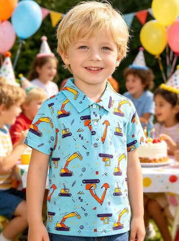 Boys Cotton Polo Shirt Moisture Wicking Short Sleeve, Button Closure, Size 2T 3T 4T 5T 6T 7T 8T 10-12T Blue Digger 4T in Saudi Arabia