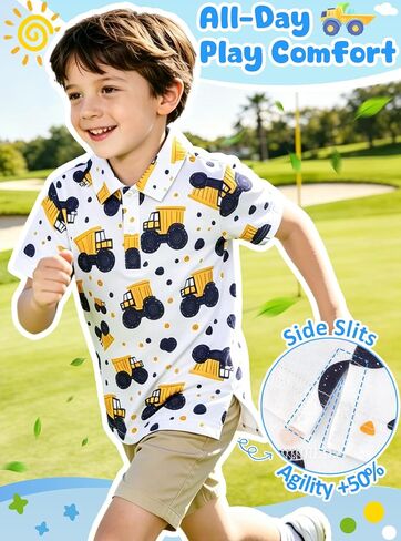 Boys Cotton Polo Shirt Moisture Wicking Short Sleeve, Button Closure, Size 2T 3T 4T 5T 6T 7T 8T 10-12T Blue Digger 4T in Saudi Arabia