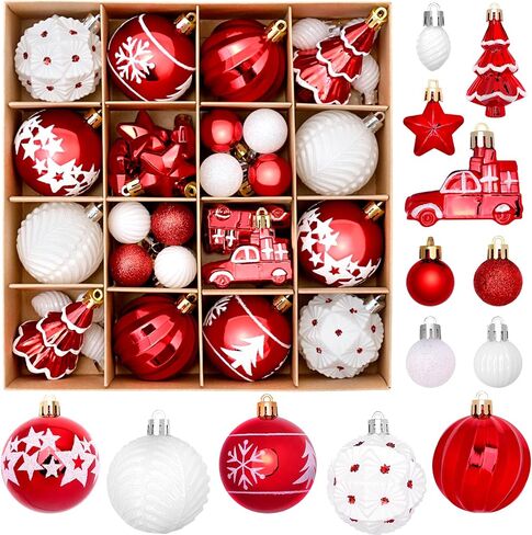 DeckTheHalls 42 Pcs Christmas Ornaments, Various Styles of Christmas Ball Ornaments, Shatterproof Christmas Balls for Holiday Xmas Tree Decor, Hanging Ornament for Indoor Decoration (Red & White) in Saudi Arabia