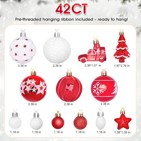 DeckTheHalls 42 Pcs Christmas Ornaments, Various Styles of Christmas Ball Ornaments, Shatterproof Christmas Balls for Holiday Xmas Tree Decor, Hanging Ornament for Indoor Decoration (Red & White) in Saudi Arabia
